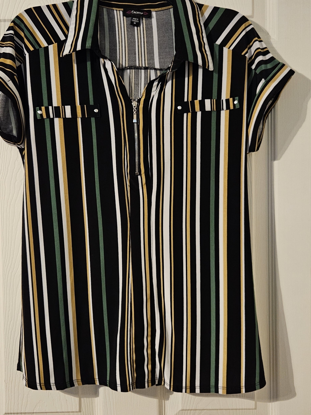 Cocomo Black Striped Short-Sleeve Zip Front Top
